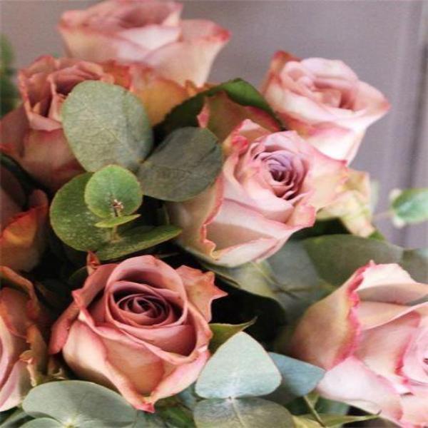 Twelve Vintage Pink Roses in Bouquet Lavender and Grey