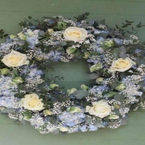 Milton - Funeral Flowers Cream and Blue Wreath