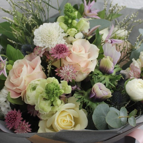 White Rose, Pink and green bouquet. Lavender and Grey Sherborne Florists