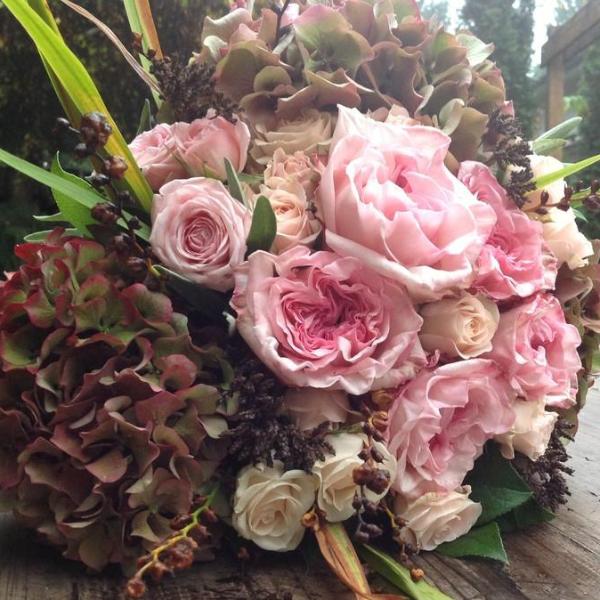 Brides Bouquet Athelhampton Vintage Hydrangea and Pink Roses Lavender and Grey